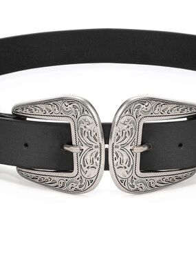 Black Double Western Buckle 100%Leather Belt